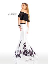 4906 White And Black Two Piece Prom Dress With A Floral Print Bottom And Off The Shoulder Lace Top Piece Prom Dress Elegant Prom Dresses Two Piece Gown