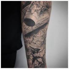 Black And Grey Realism Tattoo Artists Black And Grey Realism Map Travel Inspired Sleeve Tattoo Sleeve Tattoos Tattoos Black And Grey
