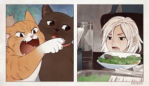 When You Finally Sit Down To Eat But Didn T Feed Your Cats First Woman Yelling At A Cat Memes Cats Funny Memes
