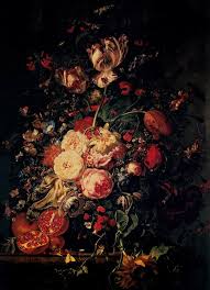 Spray of flowers with insects and butterflies on a marble slab • 1690. Flowers In A Glass Vase With Pomegranites On A Marble Balustrade Rachel Ruysch Artwork On Useum