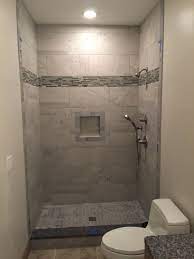 12x24 Grey Wall Tiles Shower Niche 2x2 Mosaic Floor Glass Stone Linear Mosaic Accent Stripe And A Granite Curb Tile Shower Niche Shower Tile Shower Niche