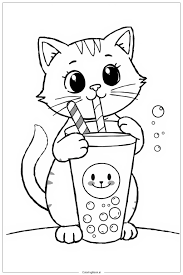 Cat with Boba Coloring Page (Free PDF&PNG Printable)