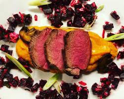 Sous Vide Venison Backstrap With Miso Sweet Potato Puree And Beet Sala Hunt To Eat