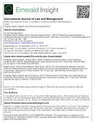 In accordance with international journal of law and management's editorial policy, review content is not publicly displayed on publons. Pdf International Journal Of Law And Management Predicting Corporate Failure A Systematic Literature Review Of Methodological Issues Article Information