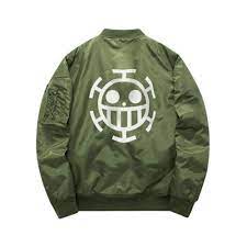 The bomber jacket features the iconic heart pirates logo on the left chest area and a larger print on the back. One Piece Heart Pirates Bomber Jacket Bomber Jacket Jackets Pirate Jacket