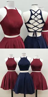 Two Piece Homecoming Dress Short Satin Prom Dress Cross Back Cocktail Dress Semi Formal Dress Cute Prom Dresses Two Piece Homecoming Dress Homecoming Dresses Short
