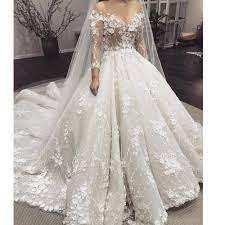 Ball Gown Wedding Dresses Lace Appliques Long Sleeve Hand Made Flowers Puffy Bridal Dresses Wedding Dress Long Sleeve Ball Gowns Wedding Dream Wedding Dresses