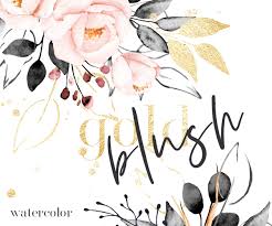 Blush pink watercolor flowers png. Watercolor Flowers Gold Blush Pink Flowers And Gray Leaves Etsy Leaf Clipart Watercolor Flowers Watercolor Bouquet