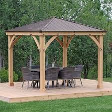 10 X 10 Meridian Wood Gazebo With Aluminum Roof Brown Wooden Gazebo Patio Gazebo Gazebo Pergola
