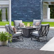 Hampton Bay Highland Point 5 Piece Aluminum And Steel Patio Fire Pit Conversation Set With Gray Cushions Fire Pit Sets Conversation Set Patio Outdoor Fire Pit