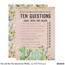 His And Her Ten Questions Wedding Game Zazzle Com In 2021 Wedding Games Bridal Shower Question Game Fun Wedding Games