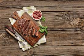 Download Overhead View Of Fried Steak With Basil Leaves And Sauce On Wooden Desk For Free In 2020 Pork Ribs Grilled Ribs On Grill Tasty Meat