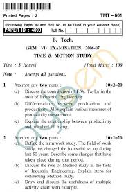 Uptu B Tech Question Papers Tmt 601 Time Motion Study