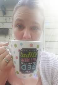 Good morning! Got me coffee, legs and Pup! The toys are from the  interrupting kid that left the area right as I took the photo 🤣