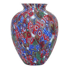 These are old, handmade murano glass items. Murano Vintage Millefiori Flowers Stars Red Blue White Mosaic Italian Art Glass Flower Vase Chairish