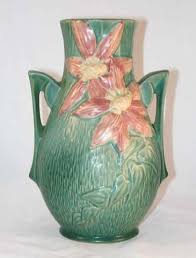 Rare Roseville Pottery Mid 1940s Green Clematis Vase With Handles 108 8 Pottery Art Roseville Pottery Pottery