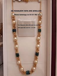 Beautiful Long Haaram With Pearls And Green Beads Small Gold Balls Decorated In Between The Pea Pearl Jewelry Design Black Beaded Jewelry Gold Jewelry Fashion
