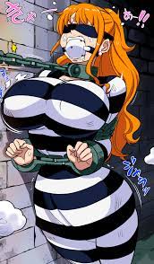 rebake, nami (one piece), one piece, highres, 1girl, ball gag, blindfold,  bound, breasts, brick wall, chain, chain leash, collar, cropped legs,  forced, gag, huge breasts, indoors, leash, long hair, long sleeves, orange