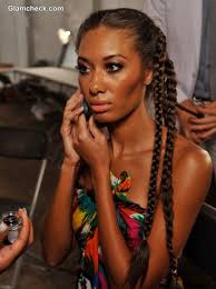 I made two side lace braids and combined them with a braided bun. Hairstyle Trend S S 2014 Multiple Braids At Agua Di Lara Swim Fashion Week
