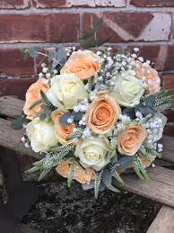 Hand Tied Bouquet Of Peach Avalanche Roses Avalanche Roses White Veronica Gypsophila And Euca Orange Rose Bouquet Flower Bouquet Wedding Prom Flowers Bouquet