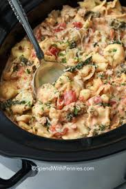 Add cream of chicken soup, cream cheese, and chicken broth. Creamy Crockpot Tortellini Creamy Delicious Spend With Pennies