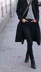Black Ankle Boots With Jeans Black Coat Grey Tee Black Skinny Jeans Black Ankle Boots Sounds Like The Perfect Everyday Outfit Formula Fashion Street Style Minimalist Fashion