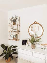 Antique Gold Round Mirror White Minimalist Dresser Boho Rope And Wood Shelves Boho Style Room Room Inspiration Room Ideas Bedroom