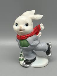 Homco Bisque Porcealin Ice Skating Bunny Figurine Malaysia Vintage