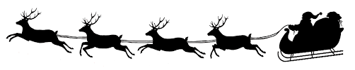 Silhouette vehicle with reindeer and christmas character with bag of presents sitting in the sleigh. Christmas Silhouettes