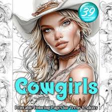 10 Cowgirl Coloring Pages, Grayscale Coloring, Fantasy Coloring Sheets,  Adult Coloring Book