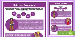 Relative clauses are clauses starting with the relative pronouns who*, that, which, whose, where, when. Relative Pronouns Display Poster Teacher Made