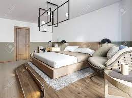 The room has hardwood flooring and white walls. Modern Rustic Bedroom Design And A Bed On A Wooden Podium With Stock Photo Picture And Royalty Free Image Image 113934072