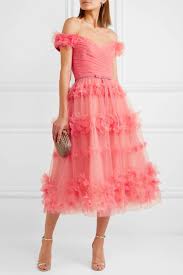 Coral Off The Shoulder Velvet Trimmed Appliqued Tulle Dress Marchesa Notte Tulle Dress Dresses Pretty Dresses