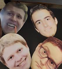 We got cardboard cutouts of all our faces from our high-school days 😆 were  gonna need to Frame and hang a couple later down the road. Make sure to  listen to this