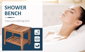 HOMCOM Modern Natural Solid Acacia Wood Sturdy Bathroom Shower Bench with  Shelf