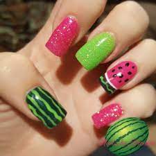 Watermelon Nails Acrylic Glitter Pink And Green Vernis A Ongles Ongles Cheveux Et Ongles