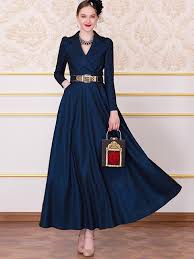 Turn Down Collar Elegant High Waist Big Hem Maxi Dress Without Belt 2xl A Line Dresses Maxi Dress With Sleeves Designer Dresses Elegant Vintage Maxi Dress
