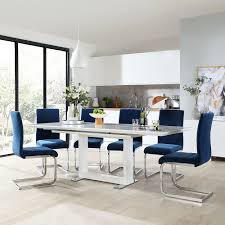 Enjoy your meals in style with modern dining chairs and kitchen chairs. Tokyo White High Gloss Extending Dining Table With 6 Perth Blue Velvet Chairs Furniture And Choice
