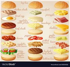 Burgers Set Ingredients Buns Cheese Bacon Vector Image Food Food And Drink Recipes