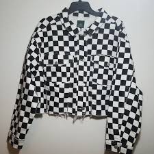Black And White Checkered Denim Jacket Checkered Denim Jacket 1x Nwt In 2020 Clothing Essentials Checkered Jacket Black Denim Jacket