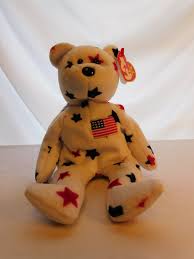 GLORY White Beanie Baby Bear with Red and Blue Stars and the American Flag 