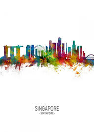 Singapore Skyline Metal Poster Michael Tompsett Displate In 2020 Skyline Artwork Cityscape Art Skyline Painting