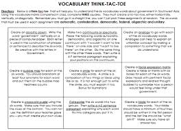 Think Tac Toe Vocabulary Activities Vocabulary Seventh Grade
