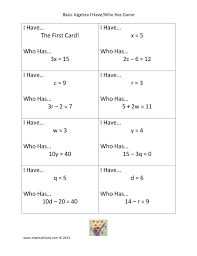 Basic Algebra I Havewho Has Game By Thatmathlady Via Slideshare Basic Algebra Algebra I Algebra Games