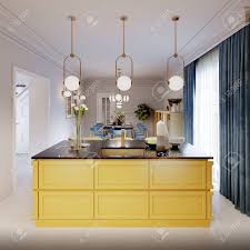 Maybe you would like to learn more about one of these? Modern Kitchen Island In Yellow Kitchen With Pendant Lamp Over Stock Photo Picture And Royalty Free Image Image 150291459