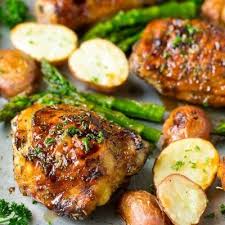 Balsamic Chicken Thighs With Roasted Potatoes And Asparagus Chicken Dinner Sheet Pan Recipes Balsamic Chicken Recipes