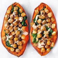 Stuffed Sweet Potato With Crispy Chickpeas Spinach And Tahini By Lastingredient Quick Easy Recipe The Feedfeed Recipe Vegetarian Recipes Healthy Recipes Food
