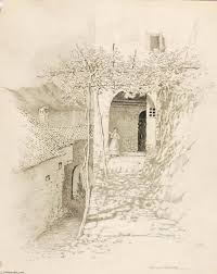 View of a lake with a sailboat. Untitled Transfer Drawing For Village Street Lake Lugano Italy By George Elbert Burr Art Reproductions Most Famous Paintings Com