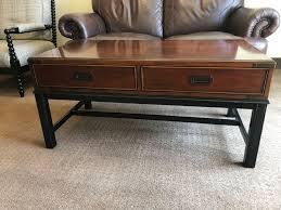 Made from solid cherry in queen anne styling. Thomasville Wood And Brass Campaign Style Coffee Table With Drawers And Inlaid Wooden Top