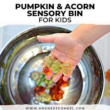 Learning and fun with acorns! Pumpkin Acorn Sensory Bin With Water And Next Comes L Hyperlexia Resources